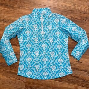 IBKUL Sun Shirt Women Medium Blue White Floral Lattice Quarter Zip Long UPF Golf